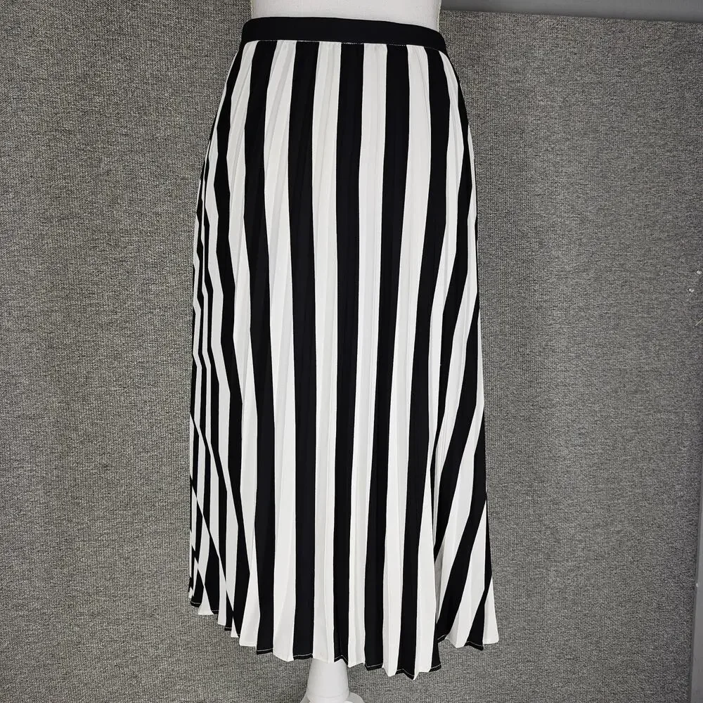KARL LAGERFELD PARIS WOMEN'S STRIPED WHITE / BLACK PLEATED MIDI SKIRT SIZE 10